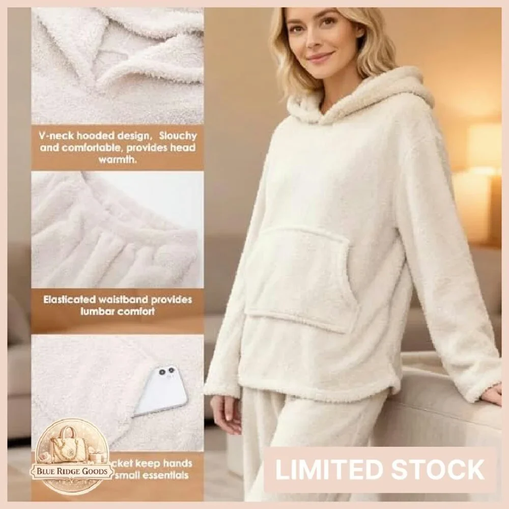 Sherpa Fleece Pullover Hoodie Pajama Set Cozy Winter Loungewear Thermal